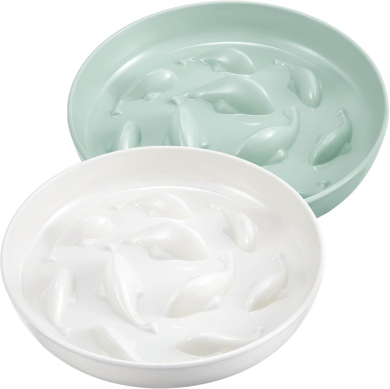 Nitial 2 Pcs Cat Slow Feeder Bowl Fish Pool Design Feeder Dish Fun Interactive Cat Food Bowl Healthy Eating Diet Bowls for Pet Puppy Dogs Dishwasher Safe(White, Green) - Image 1